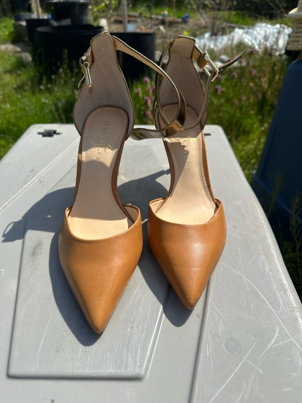 Ivanka Trump Tan Pointed-Toe Ankle-Strap Heels